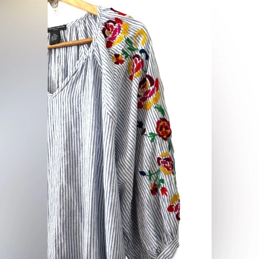 Chelsea & Theodore blu strp w embr & tassel linen/cotton blnd qtop SZ 3X peasant - Picture 5 of 7